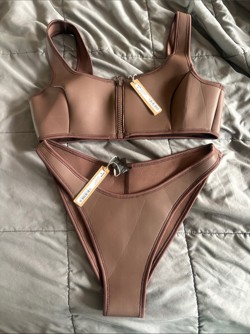 SKIMS Brown Front-Zip Neoprene Bikini Set